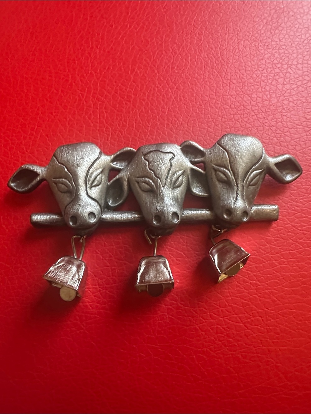 Three Cow Head Brooch with Bells - Silver Tone